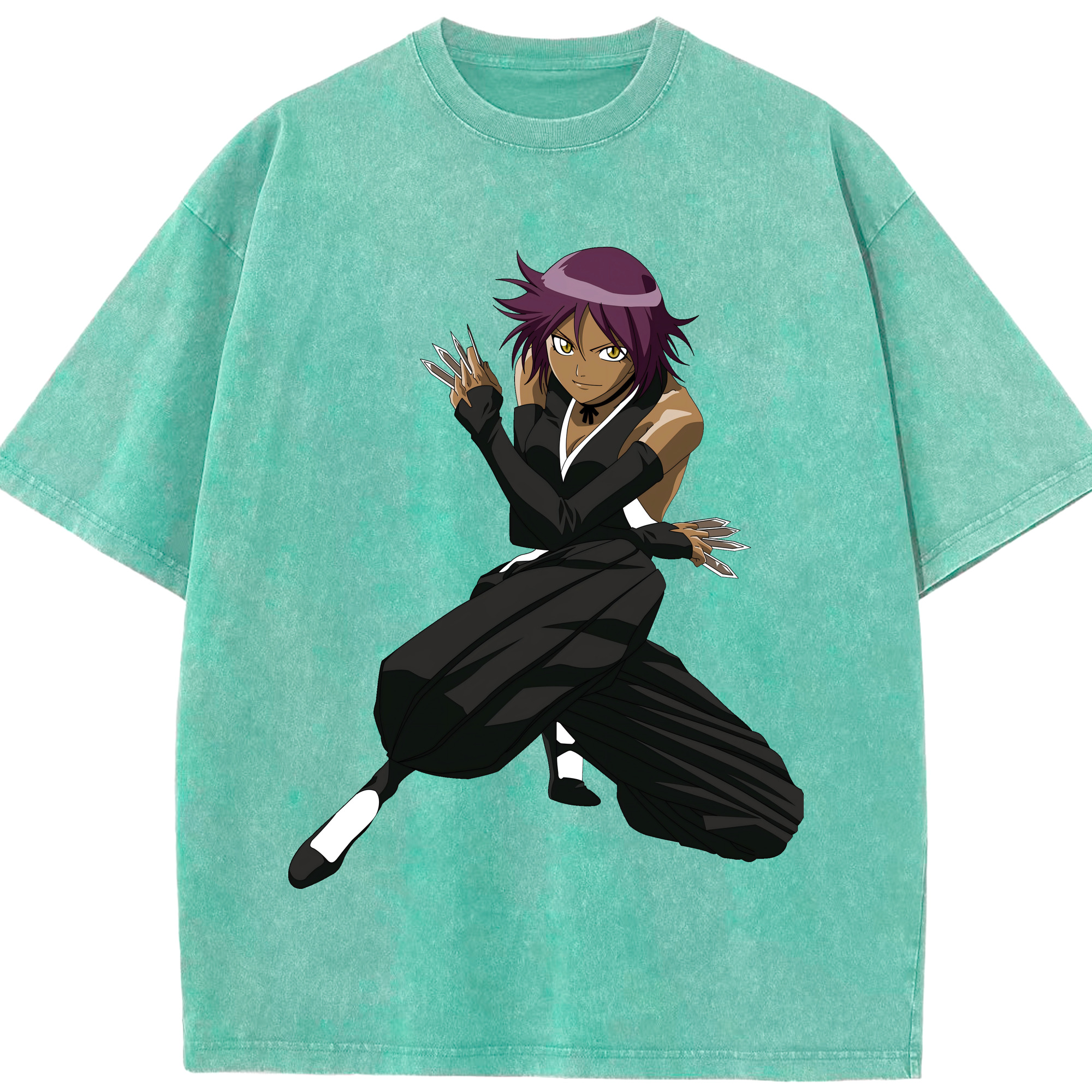 （画像用） ブリーチ 四楓院 夜一（しほういん よるいち） BLEACH Shihouin Yoruichi 綿100% ヴィンテージ風 半袖Tシャツ（フロントプリント）